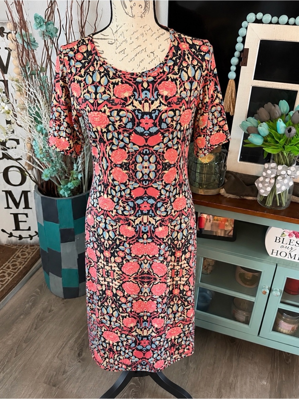 LuLaRoe Coral, Black & Blue Floral Midi Dress Medium